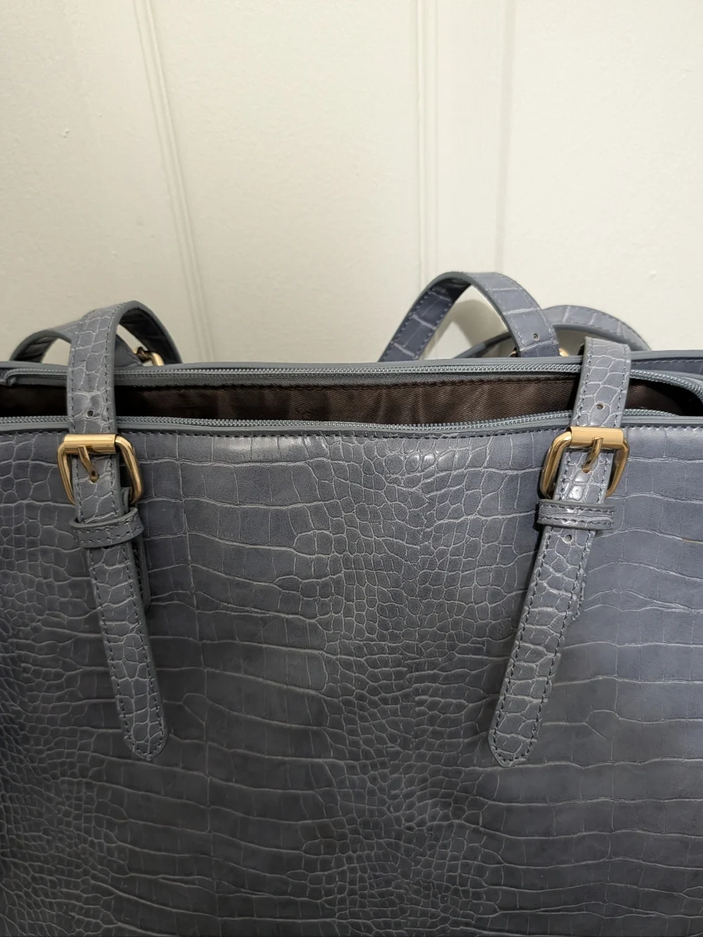 Lovevook Lap Top Tote Croc-Embossed Leather Tote Bag in Blue -